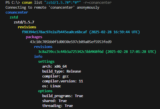Screenshot showing Conan 2.x list revisions output